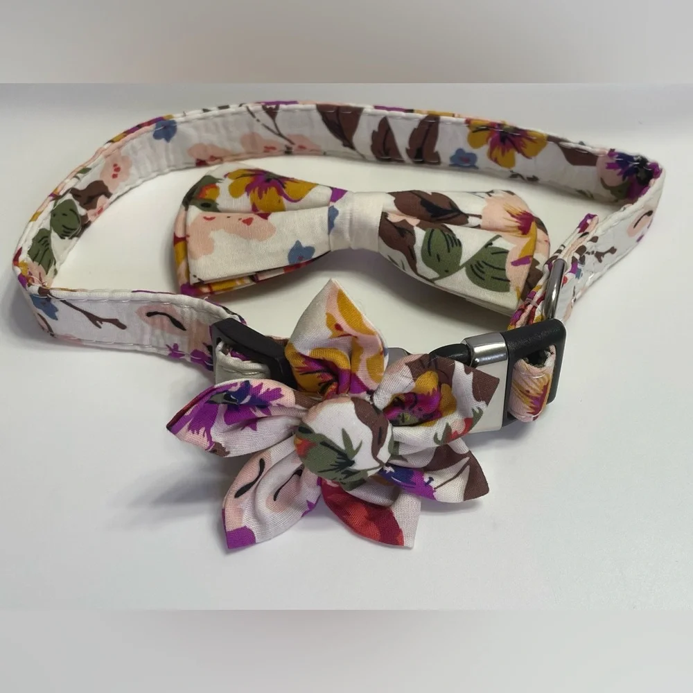Floral Dog Collar with Bow and Flower Accessory Set NWT